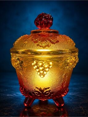 Vintage Red Amber Grape Leaf Glass Covered Dish Fairy Lamp